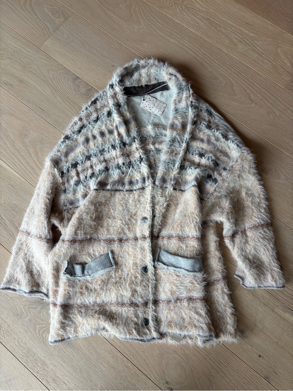 Free People Cream and Gray Fuzzy Teddy Cardigan Jacket